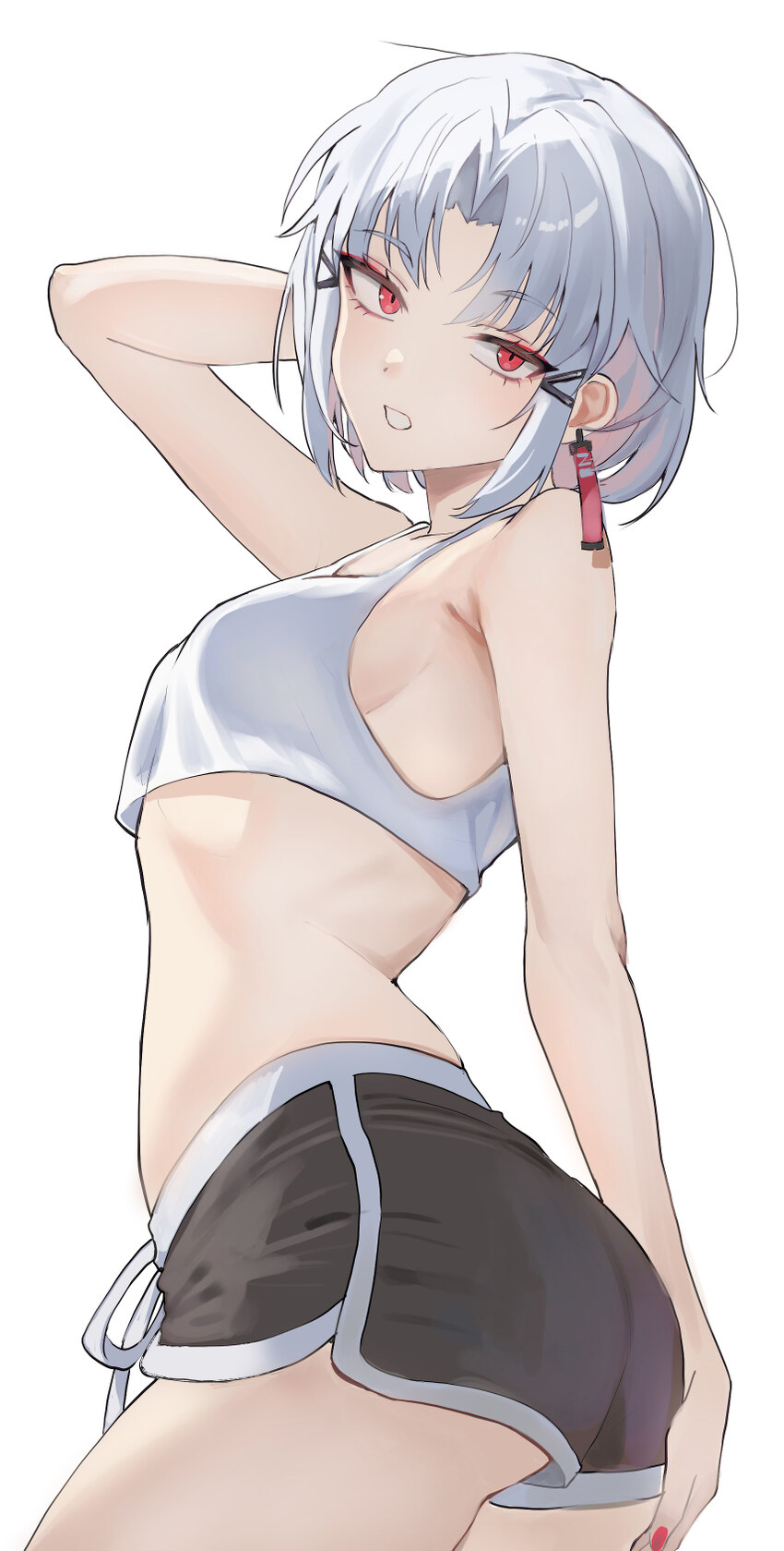 1girl absurdres ass black shorts breasts camisole commentary request dolphin shorts drake (nikke) earrings goddess of victory  nikke highres jewelry …