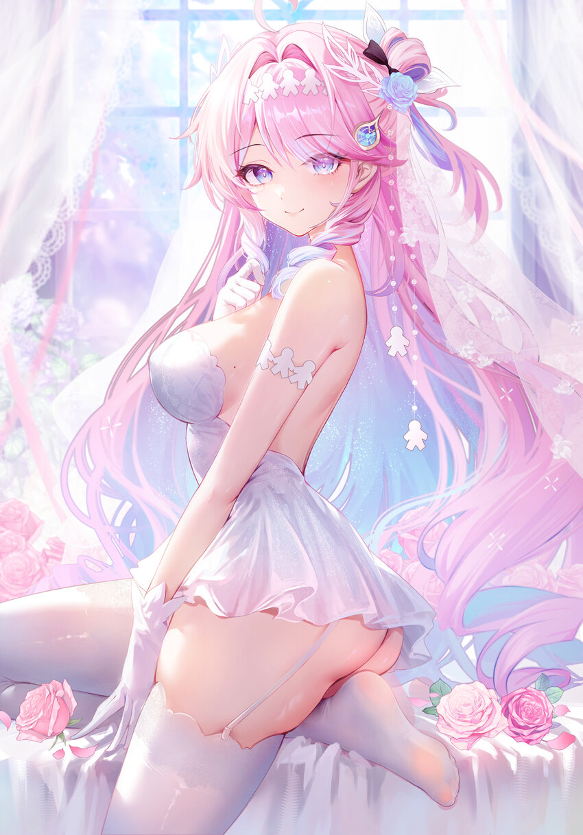 1girl absurdres ahoge akusamu alternate costume ass bare shoulders blue eyes blue hair breasts closed mouth colored inner hair commentary denia (wuth…
