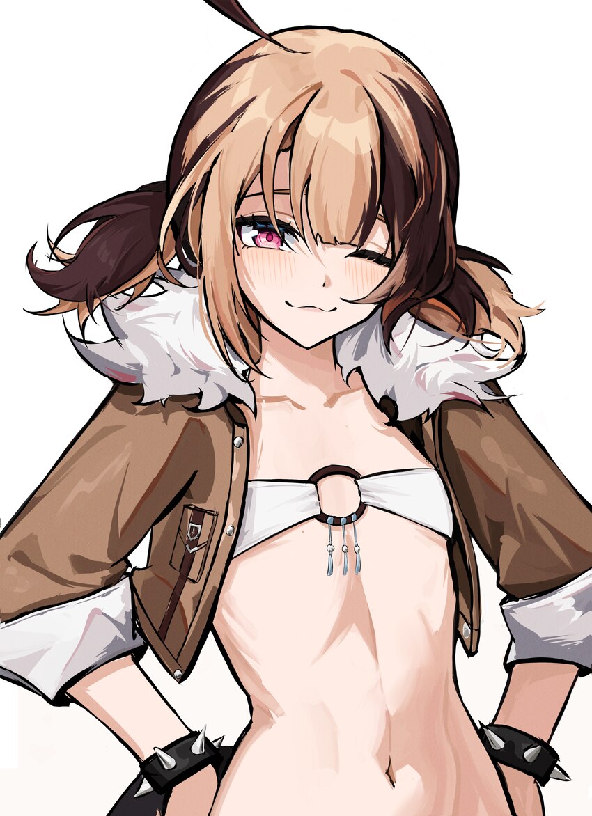 1girl 3  3 absurdres ahoge alternate costume bandeau belt blonde hair blush breast pocket brown hair choker closed mouth collarbone commentary cospla…
