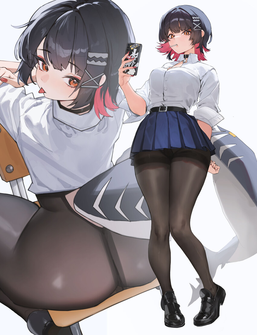 1girl absurdres black hair black pantyhose breasts candy colored inner hair commentary ellen joe ellen joe (on campus) fins fish tail food food in mo…
