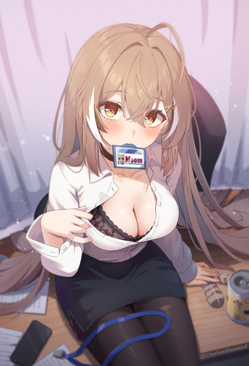 1girl ahoge alternate costume alternate hairstyle arm support artist name black bra black choker black pantyhose black skirt black streaks blush bra …