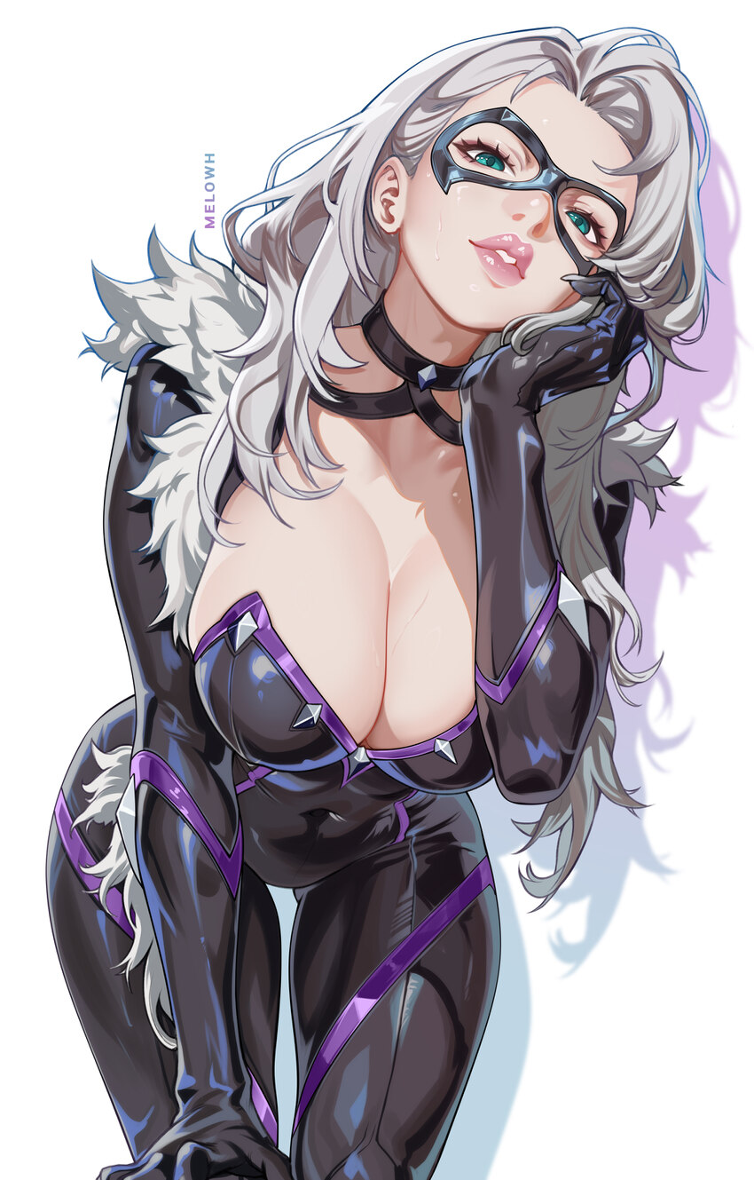 1girl absurdres black bodysuit black cat (marvel) blue eyes bodysuit breasts choker cleavage commentary covered navel curvy domino mask english comme…
