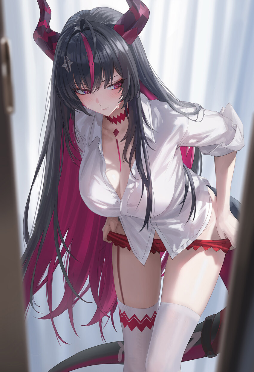 1girl black hair blush breasts cleavage collared shirt colored inner hair commentary ddcc0123 dragon girl dragon horns dragon tail highres horns larg…