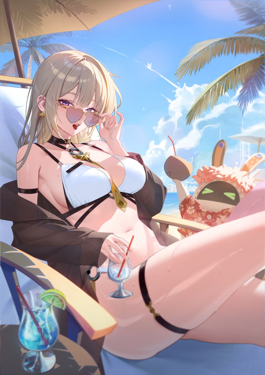 1girl absurdres adjusting eyewear alternate costume bangboo (zenless zone zero) beach beach umbrella bikini black choker blonde hair blue sky breasts…