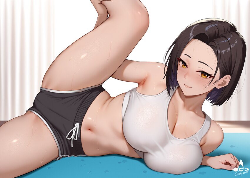 1girl bare arms bare shoulders black hair black shorts blush breasts cleavage closed mouth commentary request highres infinote large breasts looking …