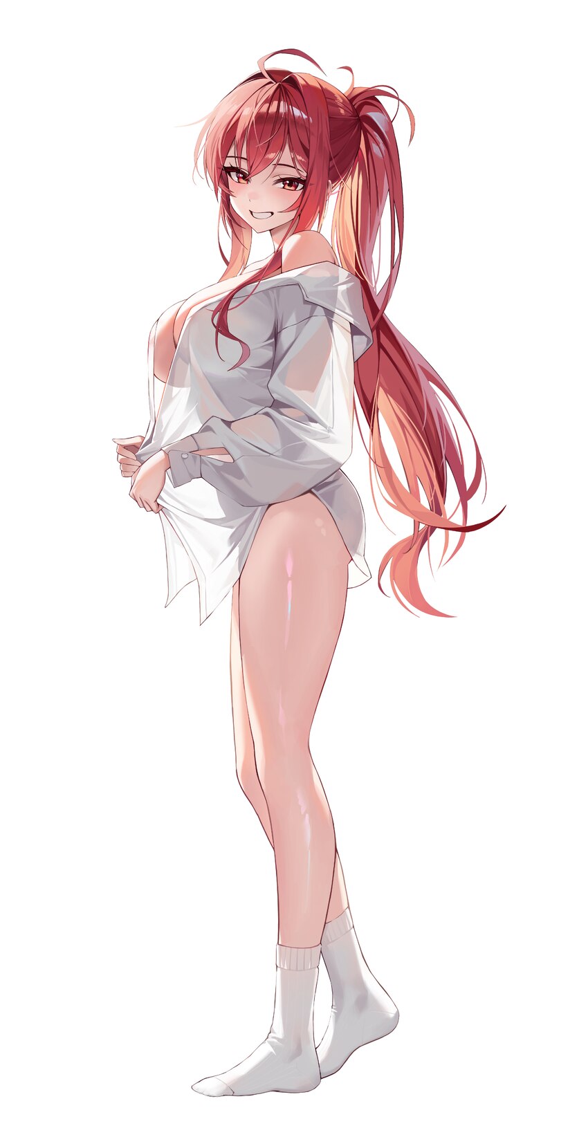 1girl 4q (lokcy516) absurdres bottomless boyfriends shirt breasts collared shirt commentary from side full body goddess of victory  nikke grin half-c…