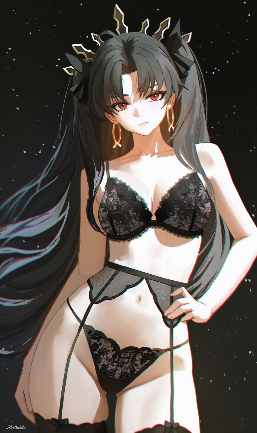1girl absurdres black bra black hair bra breasts chromatic aberration closed mouth commentary earrings fate/grand order fate (series) garter belt hig…