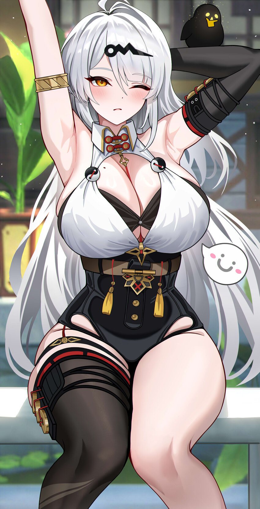 1girl absurdres armlet armpits arms up bare shoulders bird black thighhighs blush breasts closed mouth commentary request feet out of frame fujioni h…