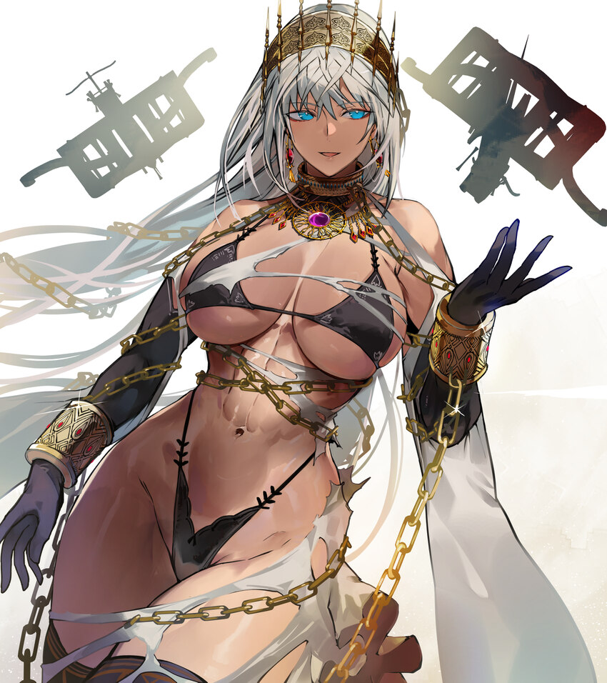 1girl abs absurdres ballista bare shoulders bikini black bikini black gloves blue eyes breasts chain cleavage commentary request crown cuffs dark-ski…