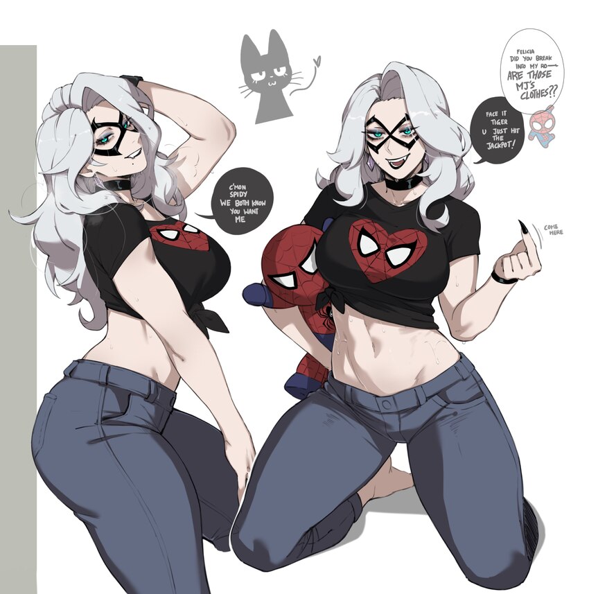 1girl absurdres black cat (marvel) black mask black nails black shirt blue pants breasts character doll commentary denim doll english text fangs fing…