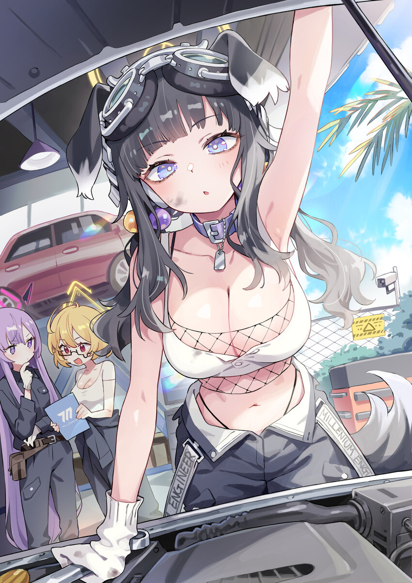3girls alternate costume animal ears armpits arms up bare shoulders belt collar black-framed eyewear black hair blonde hair blue archive blue eyes bl…
