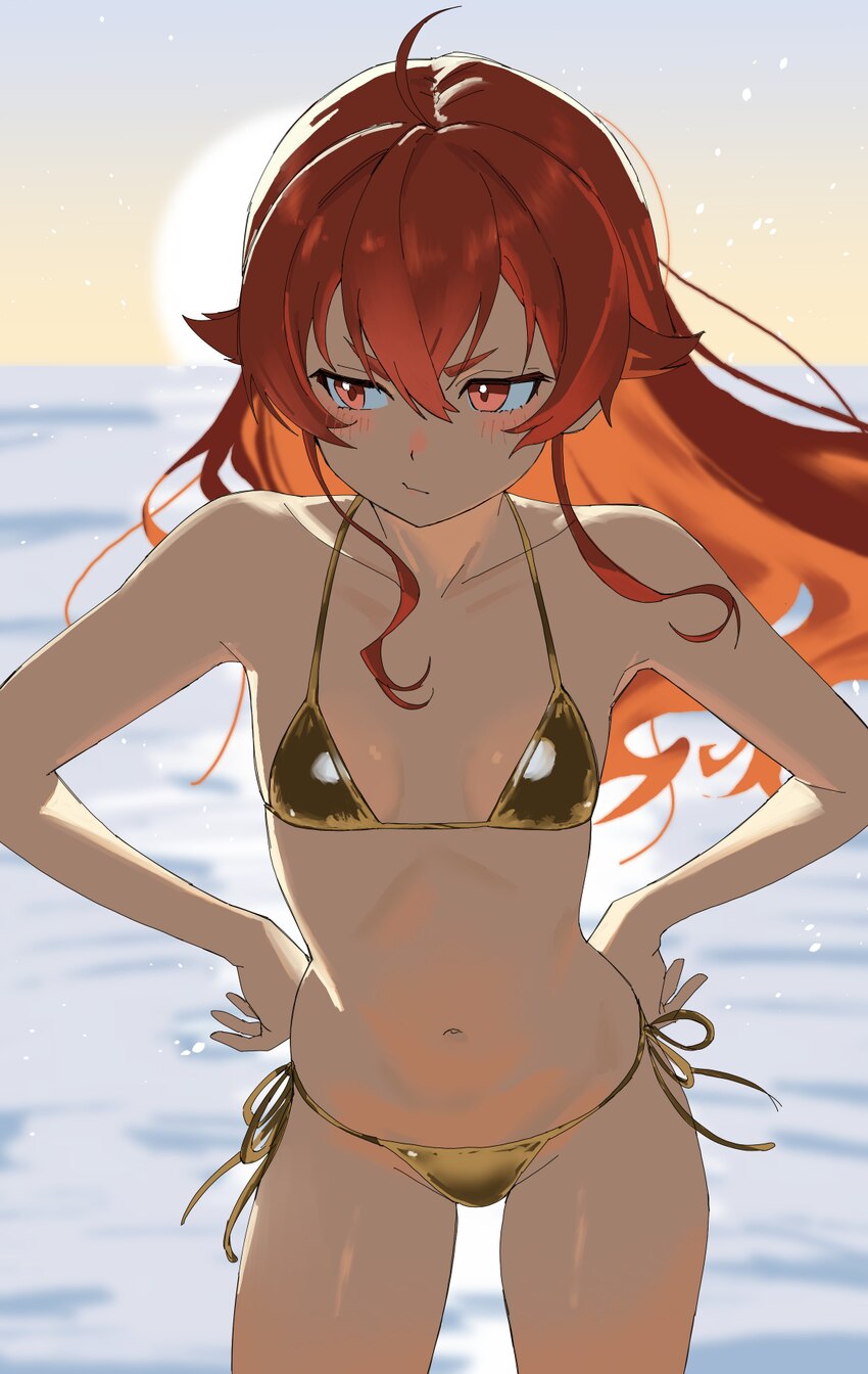 1girl absurdres ahoge bare shoulders bikini blush breasts commentary request eris greyrat gold bikini highres long hair looking to the side mushoku t…