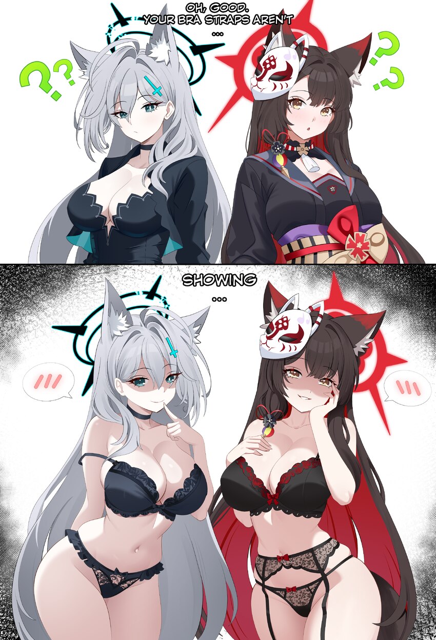 2girls ? ?? absurdres animal ear fluff animal ears arms behind back bare arms bare shoulders black bra black choker black dress black garter belt bla…