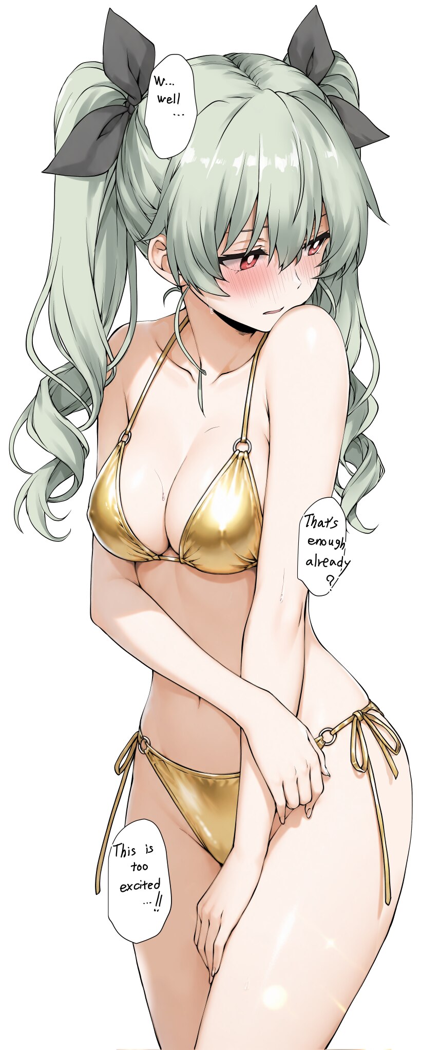 1girl alternate costume alternate language anchovy (girls und panzer) averting eyes bare shoulders bikini black bow blush bow breasts commentary requ…