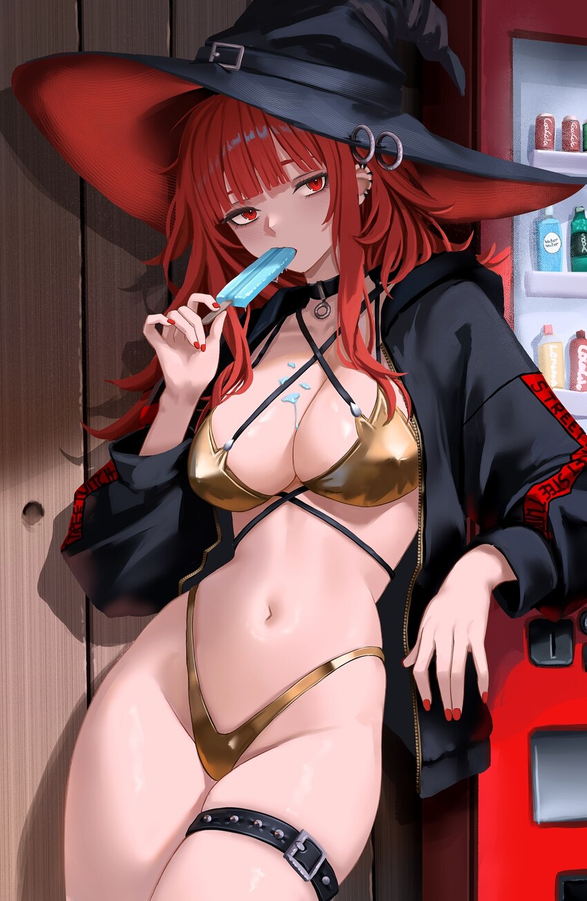1girl belt bikini black choker black hat black jacket breasts choker commentary criss-cross straps ear piercing food food in mouth food on body food …