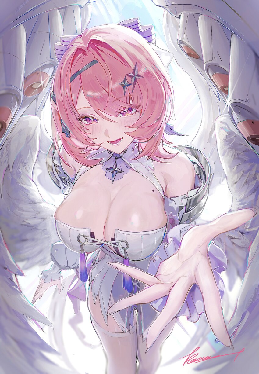 1girl absurdres bare shoulders breasts commentary request detached sleeves dress highres large breasts looking at viewer mechanical wings medium hair…