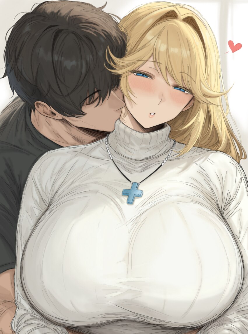 1boy 1girl alternate costume apple apel black hair black shirt blonde hair blue eyes blush breasts commander (nikke) commentary cross cross necklace …