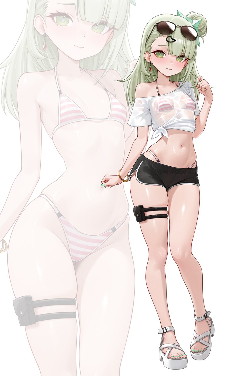 1girl absurdres bikini bikini under clothes black shorts breasts dolphin shorts eyewear on head feet full body green eyes green hair green nails high…