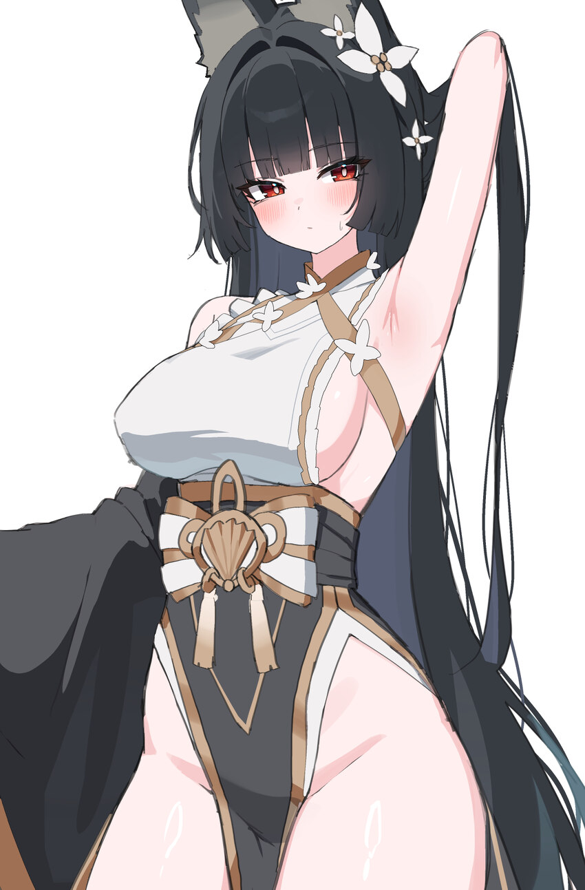 1girl absurdres animal ear fluff animal ears arm behind head armpits black hair breasts commentary fox ears fox girl hair ornament highres hoshimi mi…