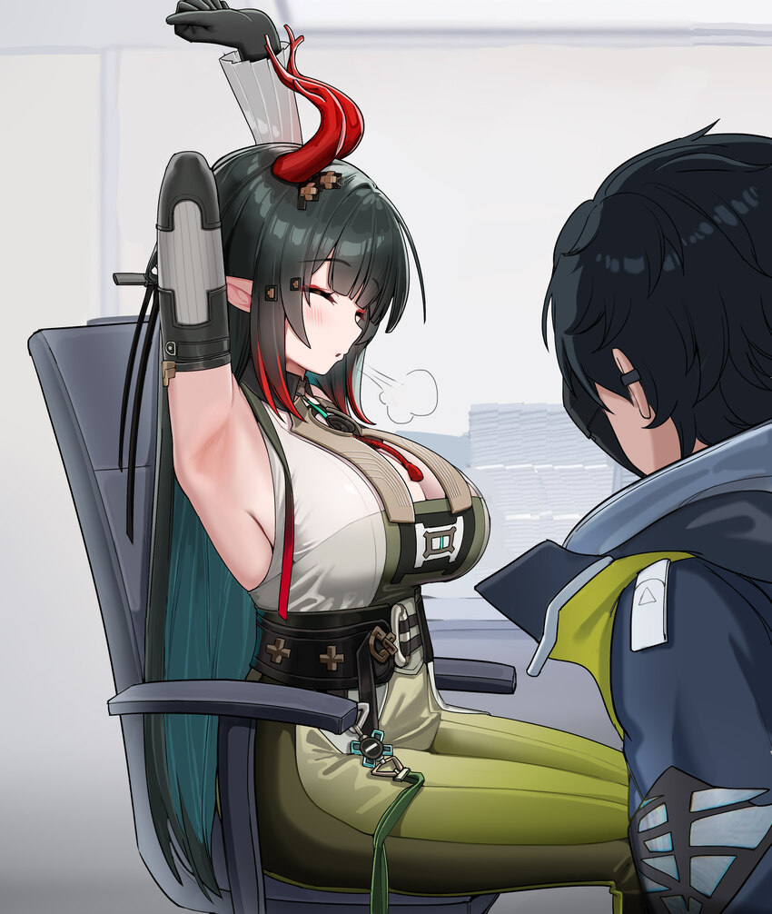 1boy 1girl absurdres aqua hair arknights arknights  endfield armpit focus armpits arms up bare shoulders black gloves black hair breasts chair cleava…