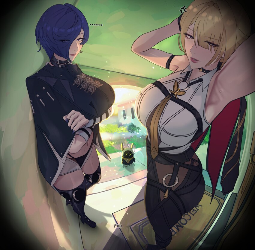 ... 1other 2girls absurdres anger vein armpits artist name bangboo (zenless zone zero) blonde hair breasts closed mouth commentary doorbell chud (mem…