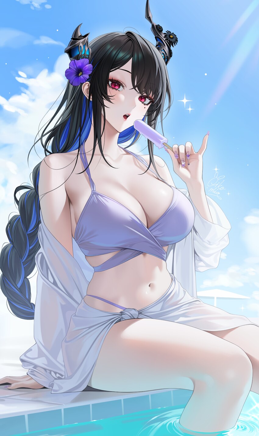1girl absurdres alternate costume alternate hairstyle asymmetrical horns bikini black hair blue hair blue sky braid breasts cloud colored inner hair …