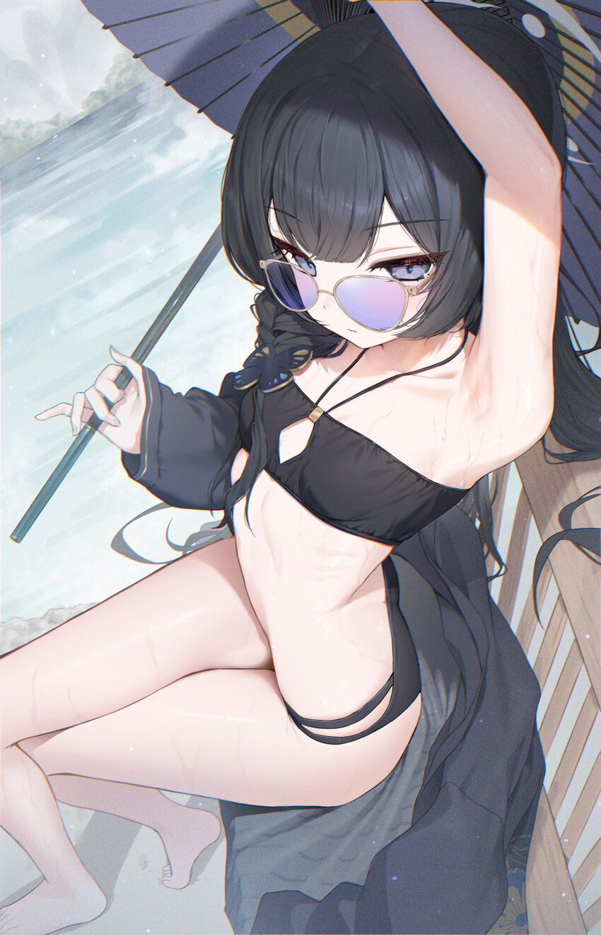 1girl absurdres arm up armpit focus armpits bandeau bare legs barefoot bikini black bikini black hair black robe blue archive braid breasts butterfly…