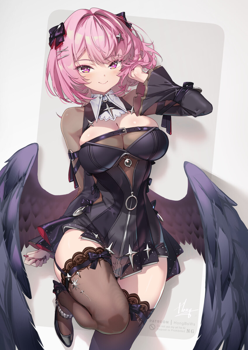 1girl black dress black shoes black thighhighs black wings breasts cleavage closed mouth commentary dress feathered wings fingernails foot out of fra…