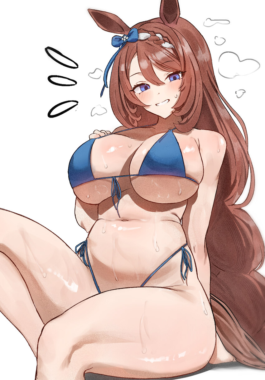 1girl animal ears bare arms bare shoulders bikini blue bikini blue eyes blush bow braid braided ponytail breasts brown hair cleavage curvy ear bow ha…