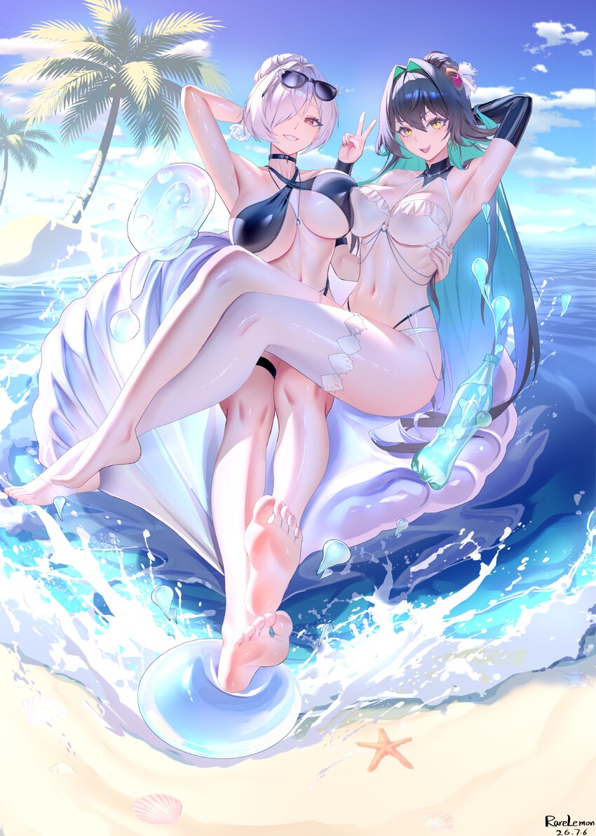 2girls absurdres aqua hair arm around anothers waist arm up armpits bare shoulders barefoot beach bikini black-framed eyewear black choker black hair…