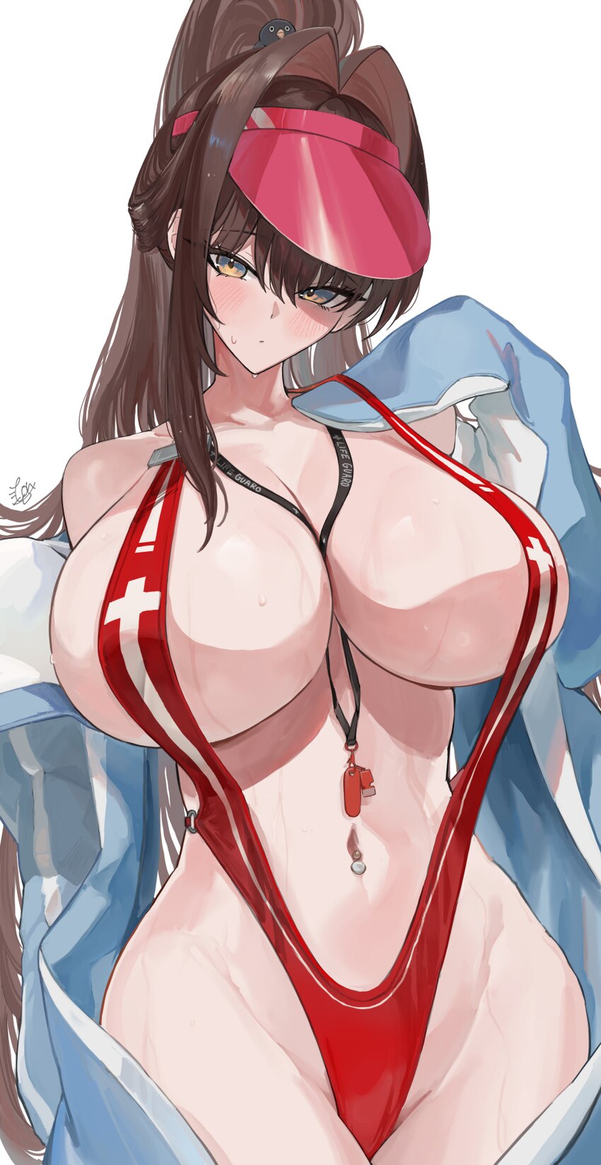 1girl absurdres animal costume bare shoulders bird costume breasts brown eyes brown hair cleavage full cleavage goddess of victory  nikke hair intake…