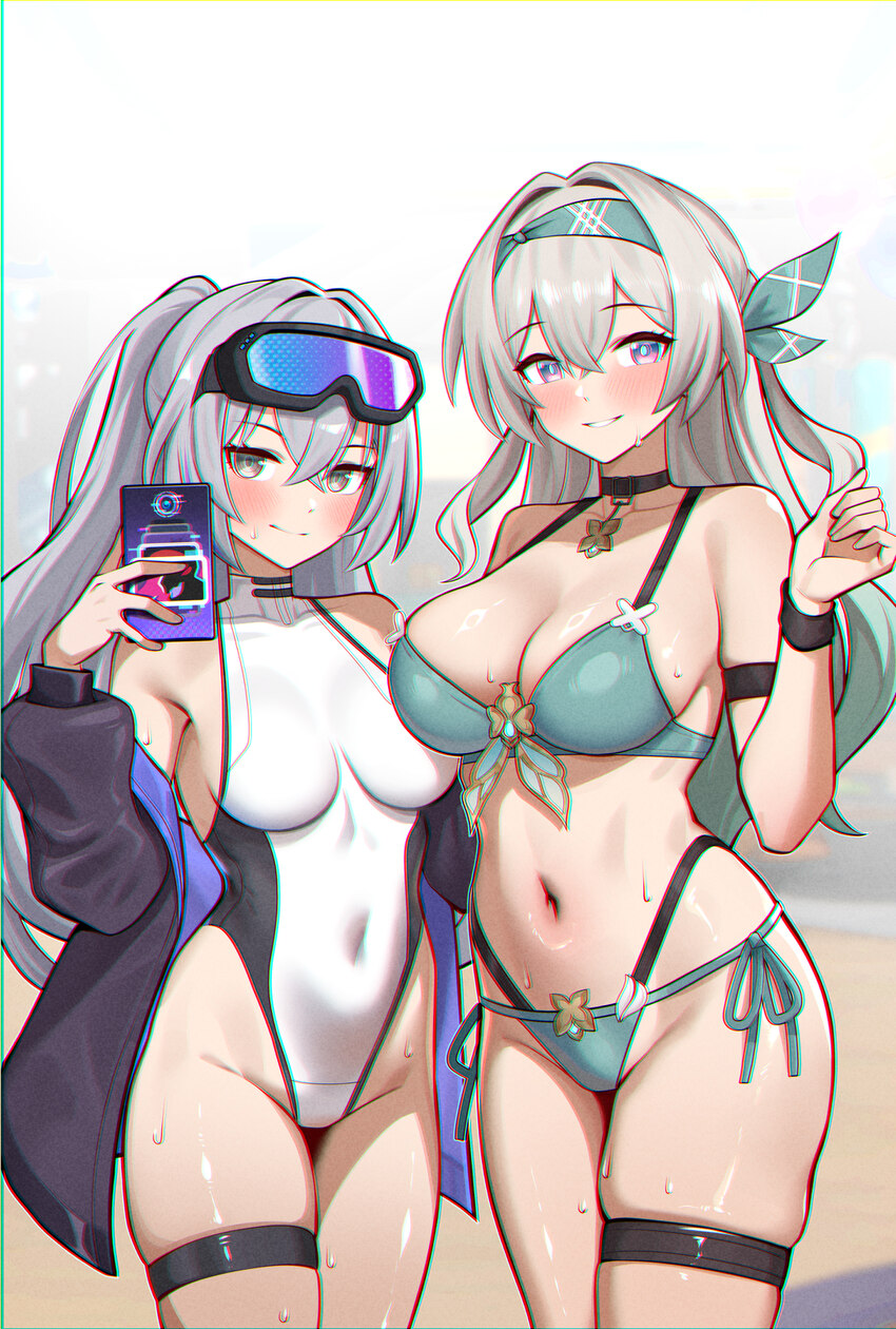 2girls absurdres alternate costume aqua pupils bare shoulders bikini black jacket blue-tinted eyewear blue eyes blush bonz0616 breasts casual one-pie…