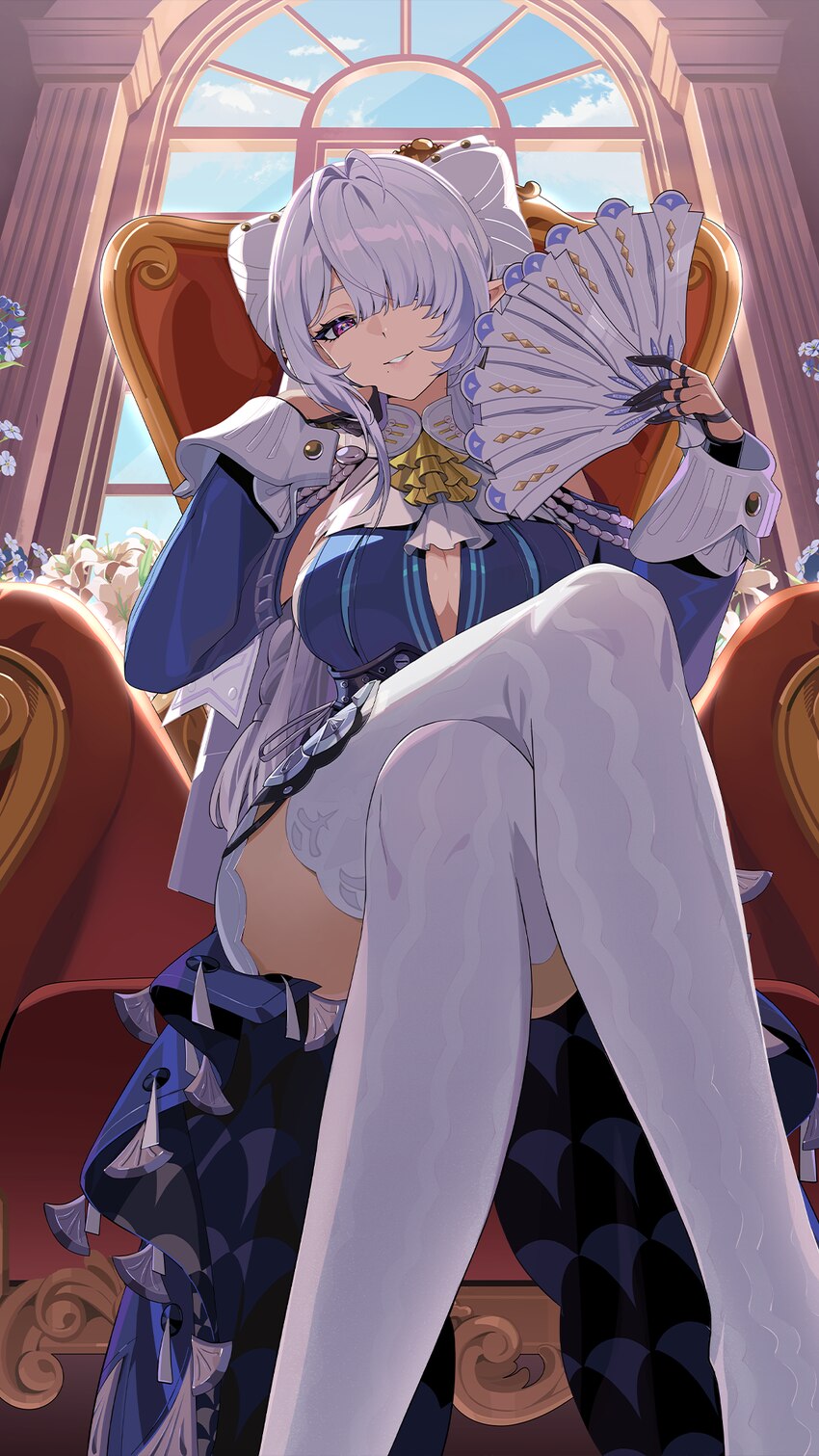 1girl bare shoulders blue sky breasts chinese commentary cleavage cloud commentary couch crossed legs dress flower grey hair hair over one eye hand f…
