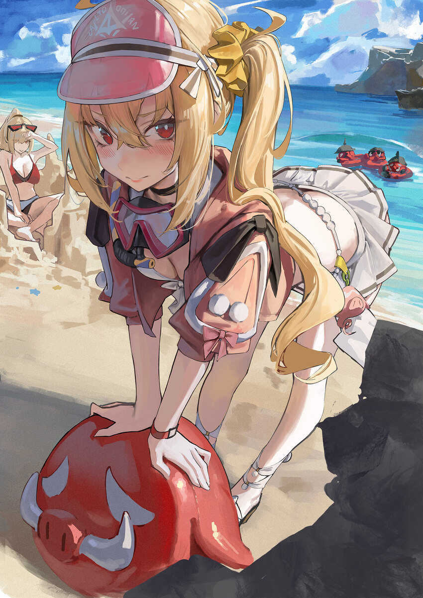 2girls alt text bad id bad twitter id beach bent over bikini black choker blonde hair blush breasts burnice white choker cleavage closed mouth cloud …