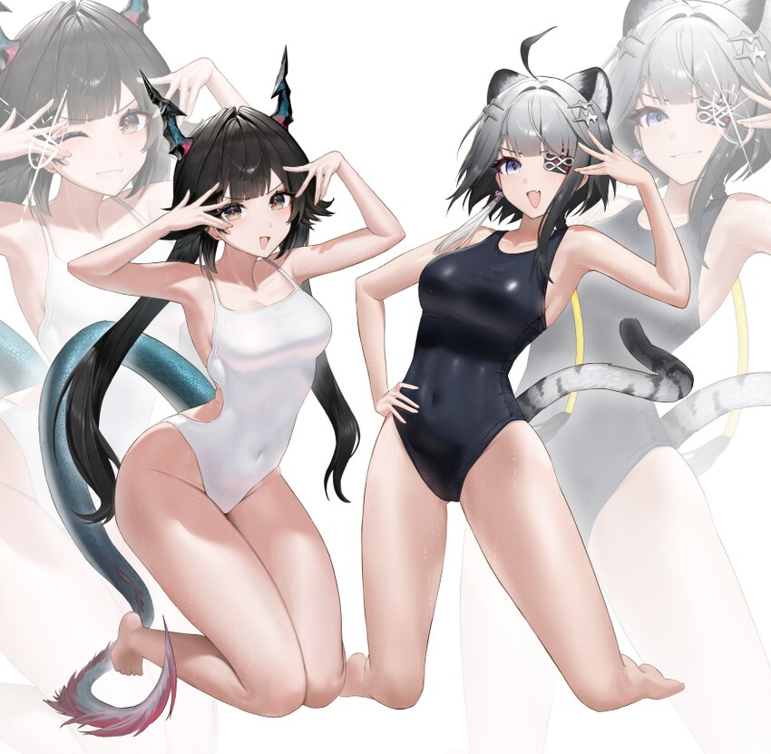 2girls absurdres ahoge alternate costume animal ears arknights arknights  endfield armpits bare legs barefoot black hair black one-piece swimsuit blu…