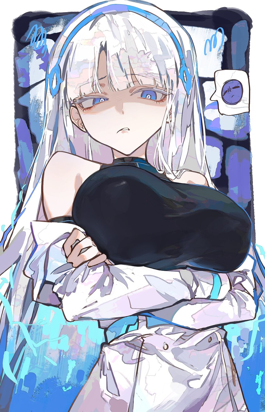1girl absurdres arms under breasts bare shoulders black undershirt blue eyes blue hair breasts coat cocoballking commentary crossed arms disgust fair…
