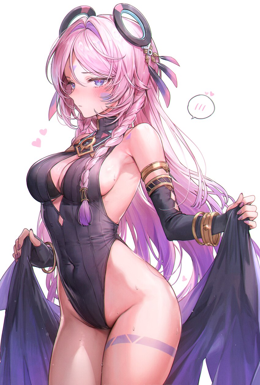 1girl armlet bare shoulders blue eyes blush body markings braid breasts citlali (genshin impact) closed mouth commentary covered navel cowboy shot el…