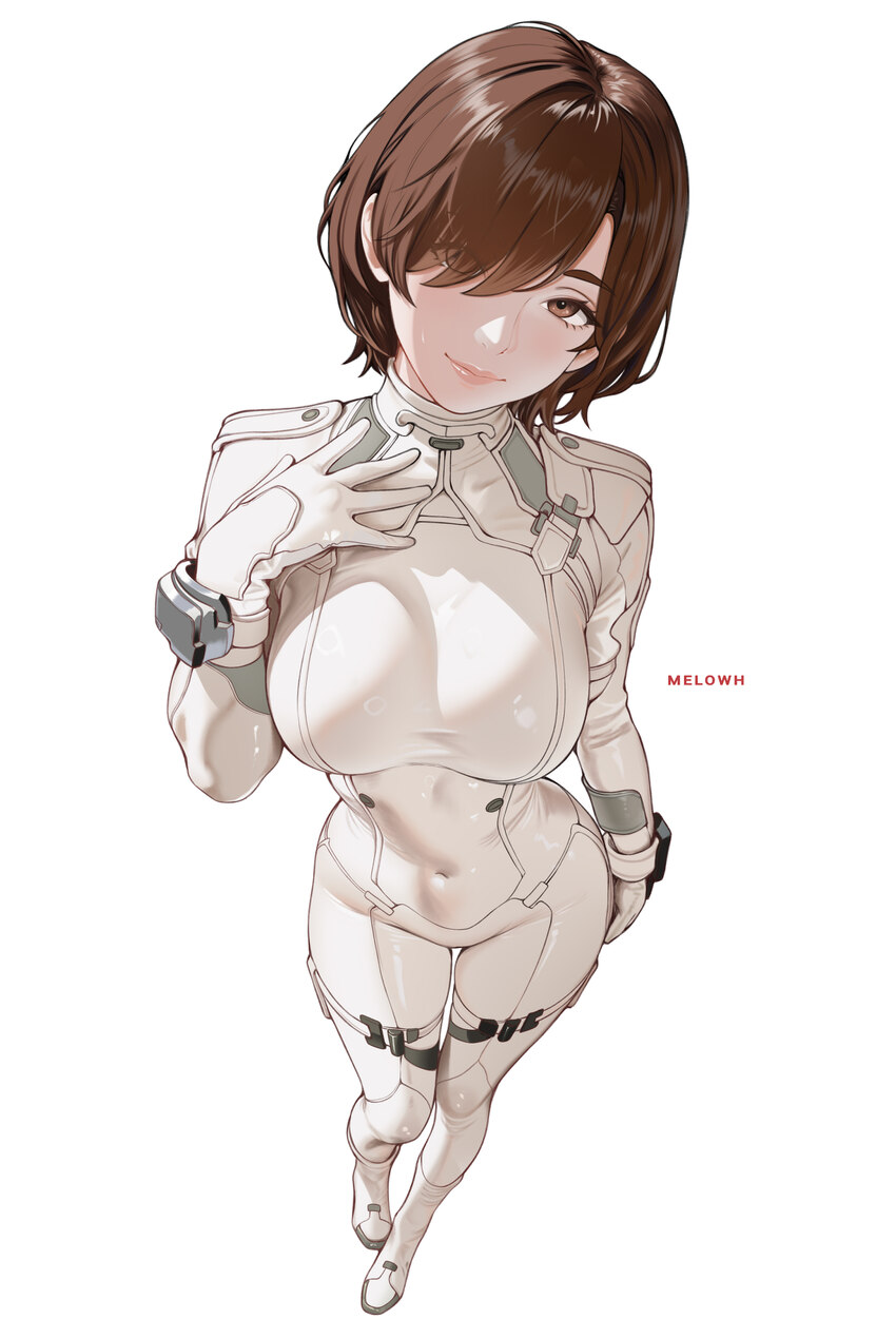 1girl absurdres artist name bodysuit breasts brown hair commentary covered navel english commentary evie (stellar blade) full body hair over one eye …