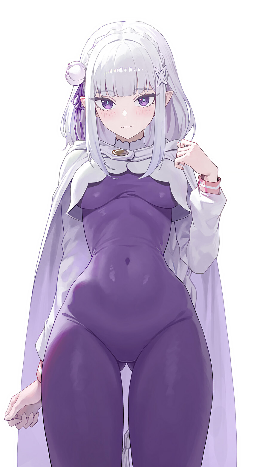 1girl absurdres ass visible through thighs blush bodysuit breasts cloak commentary covered navel elf emilia (re zero) hand up highres hip bones llami…