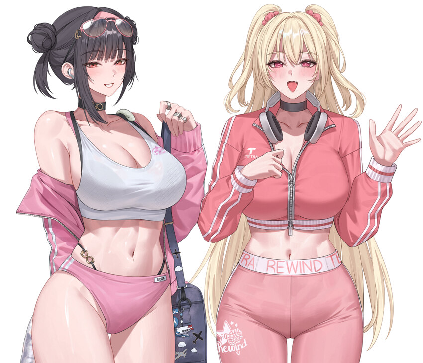 2girls absurdres albino animal animal on shoulder bag bag charm bare shoulders black choker black hair blonde hair blunt bangs blush bottle breasts b…