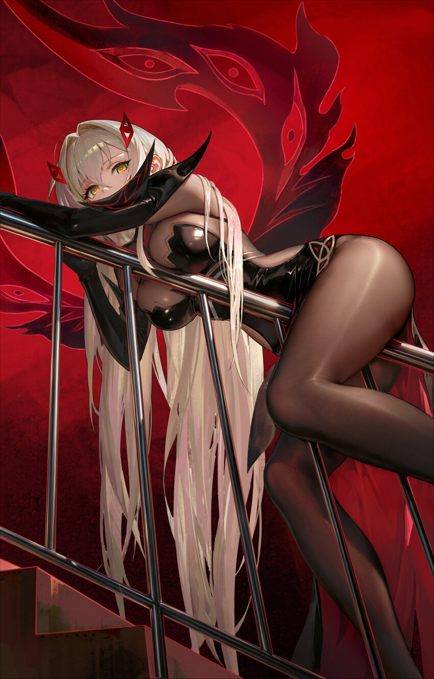 1girl absurdres black bodystocking black dress black gloves breasts chinese commentary commentary request dress elbow gloves eyes on wings genshin im…