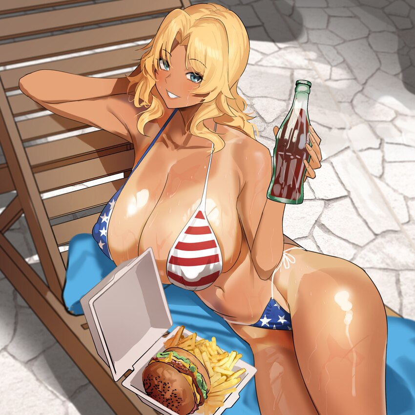 1girl aji (sakanaaj1) american flag american flag bikini american flag print bikini blonde hair blue eyes bottle breasts burger chair coca-cola comme…