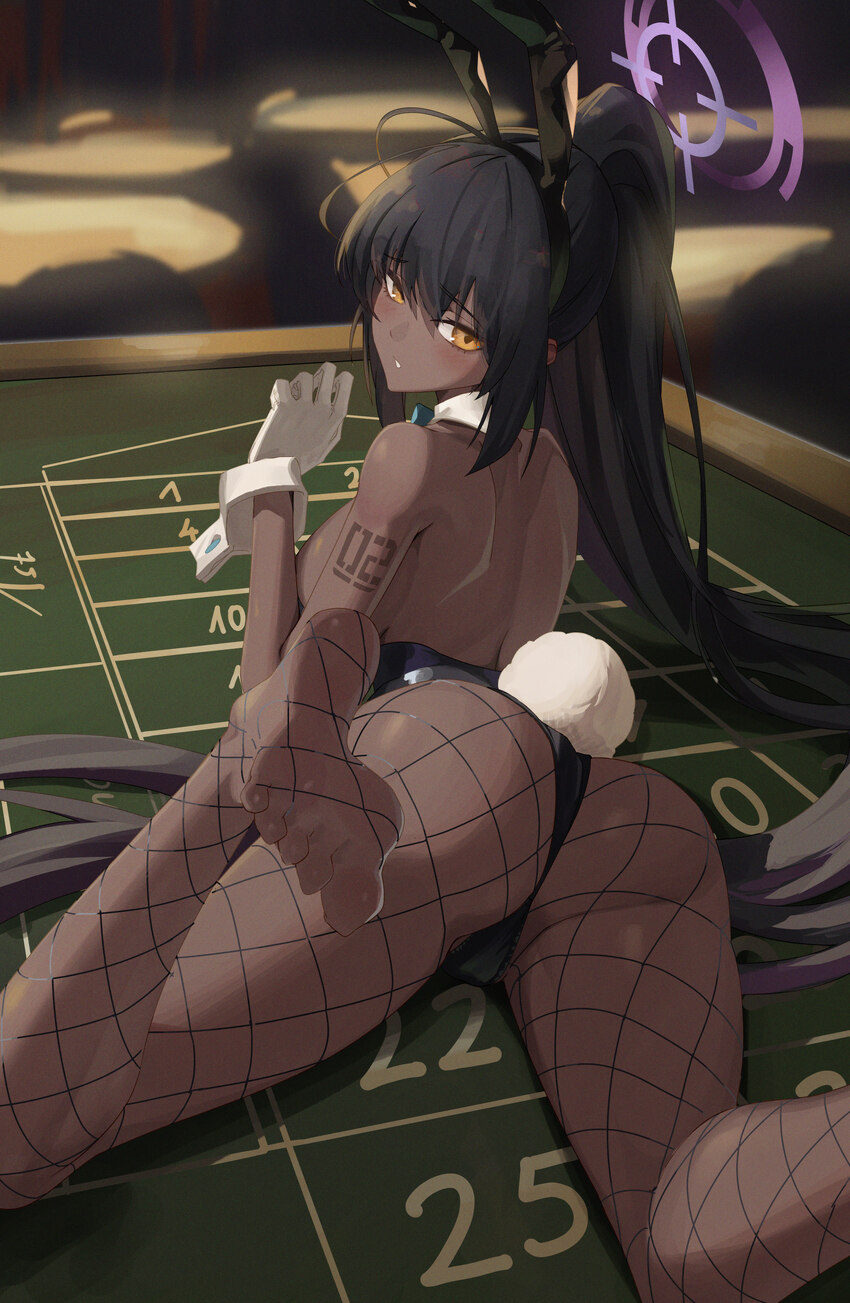 1girl absurdres animal ears arm tattoo ass black hair blue archive breasts casino casino card table commentary dark-skinned female dark skin fake ani…