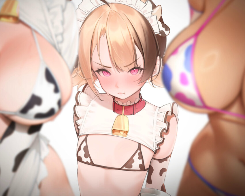 3girls ahoge alternate costume animal print bell bikini blonde hair blurry blurry foreground blush breast envy breasts brown hair collar commentary c…