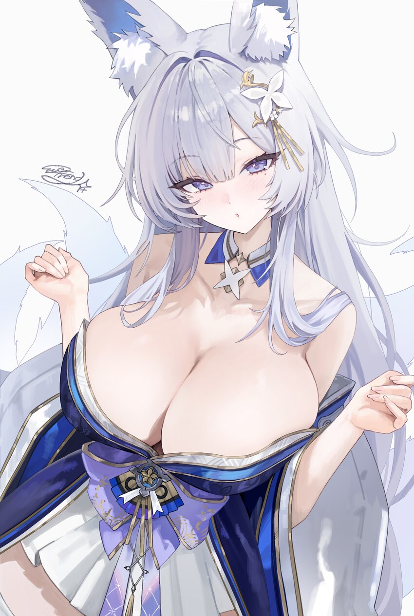 1girl  o absurdres animal ear fluff animal ears azur lane bare shoulders blue eyes breasts cleavage commentary curvy detached collar detached sleeves…