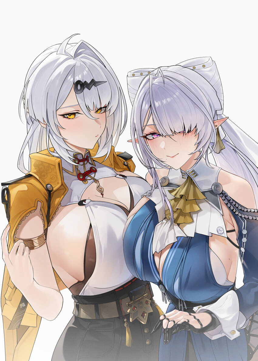2girls black shorts blue dress blush breasts commentary dress earrings grey hair hair ornament hairclip high-waist shorts highres jacket jewelry larg…