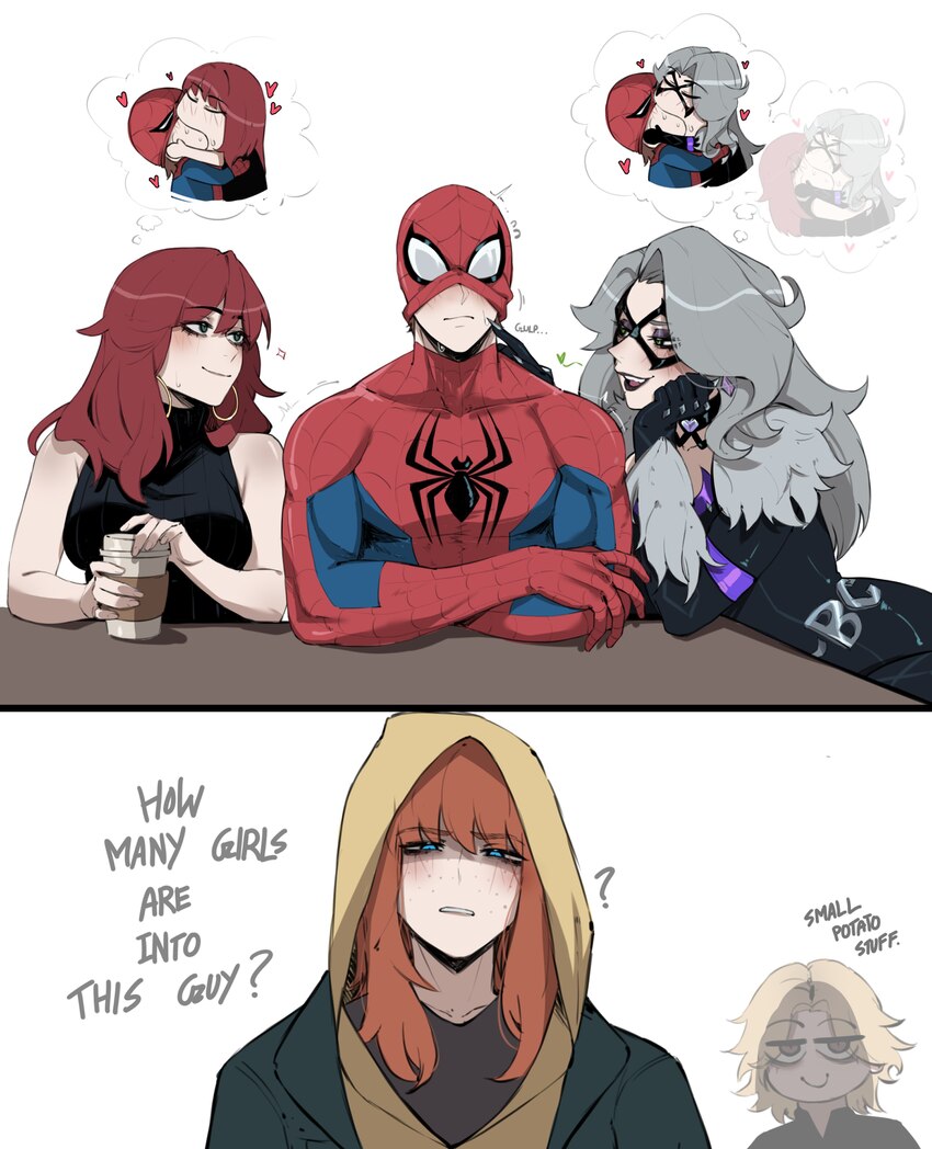 1boy 4girls ? absurdres bisexual female black cat (marvel) cheek poking english text felicia hardy girl sandwich grey hair harem highres imagining je…