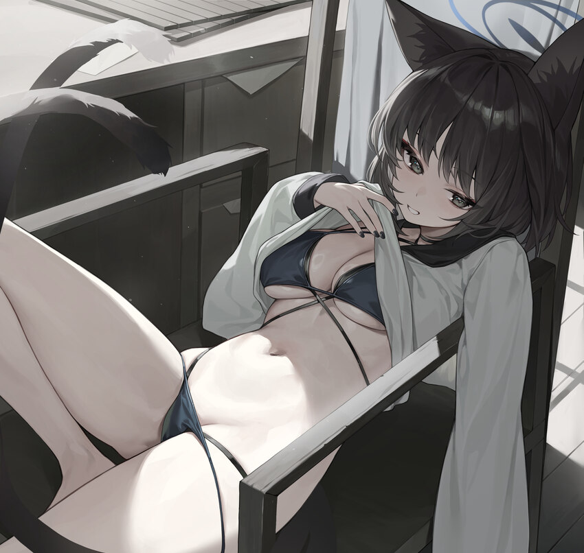 1girl absurdres animal ear fluff animal ears bikini bikini under clothes black hair black nails black tail blue archive blue bikini blue halo breasts…