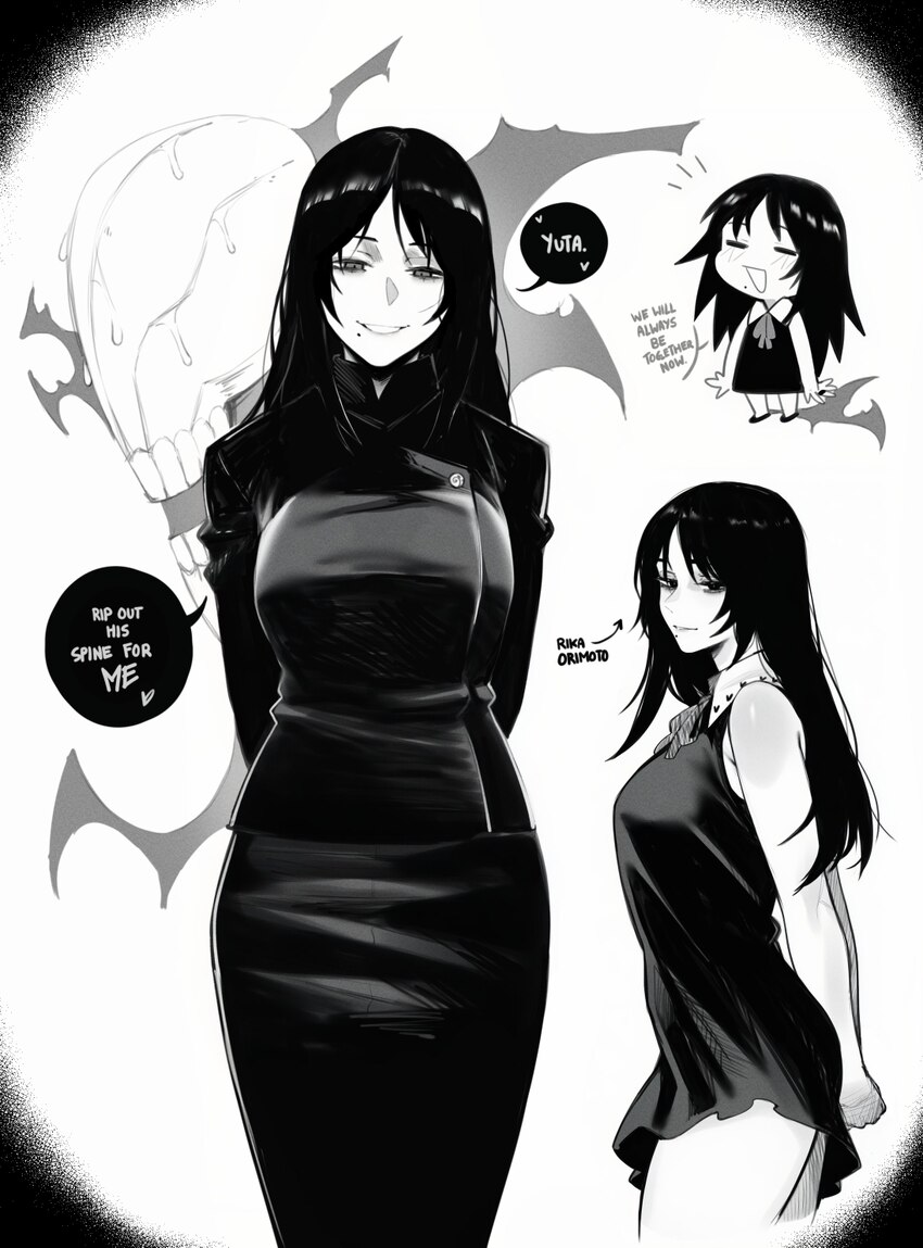 1girl absurdres alternate universe arms behind back blush breasts commentary dress english commentary english text greyscale highres jacket jujutsu k…
