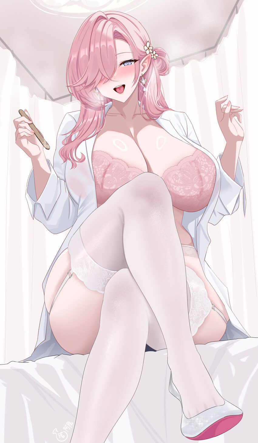 1girl absurdres azur lane blush bra breasts chinese commentary cleavage commentary request crossed legs curtains earrings fingernails garter belt gar…